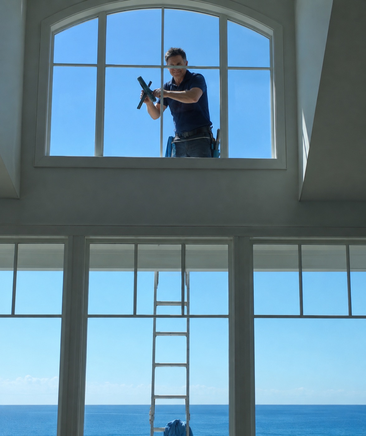 Cleaning a high interior window overlooking the ocean